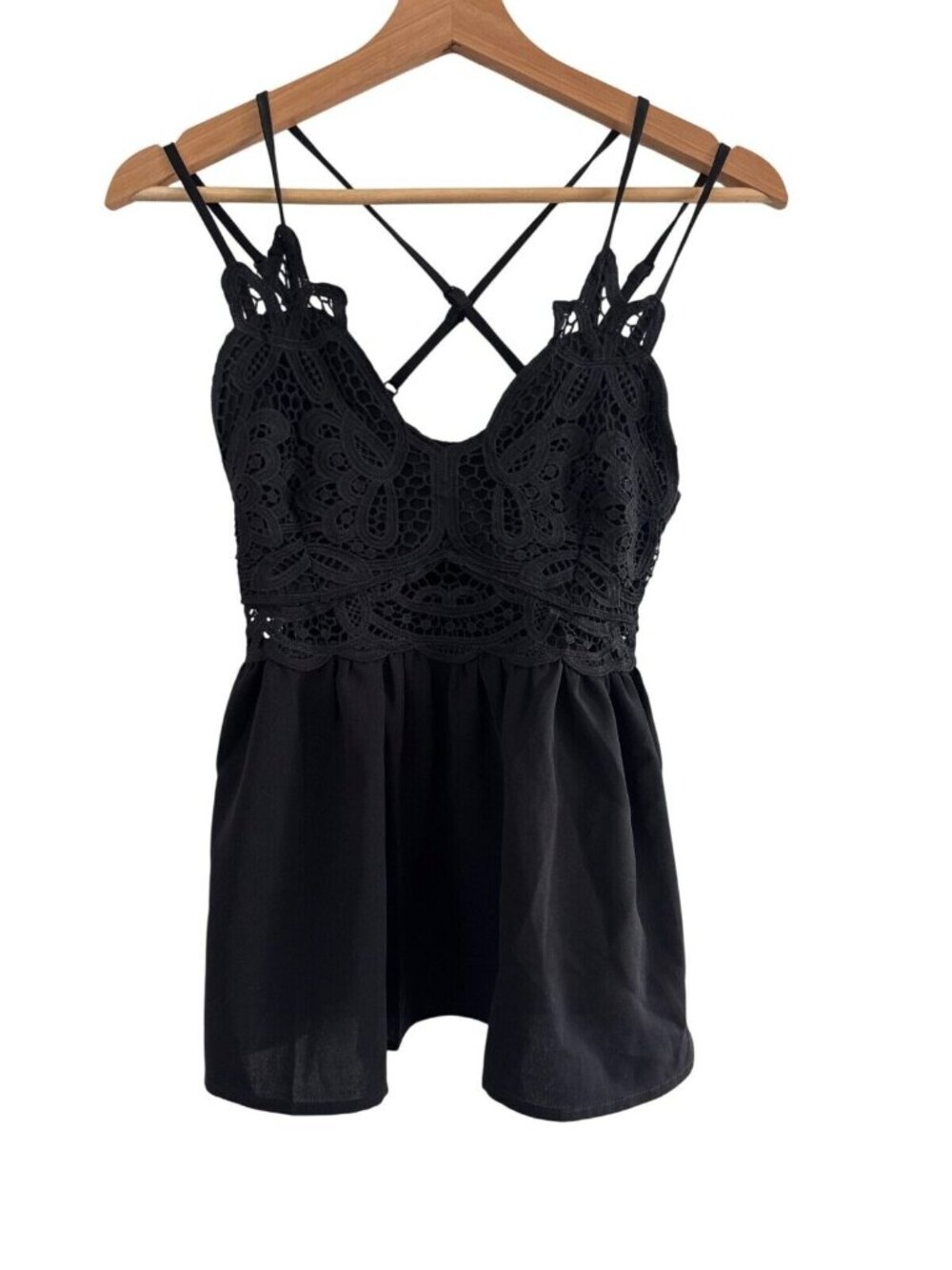 Black Lace Crochet Spaghetti Strap Top With Crisscross Back By Mainstrip - Size